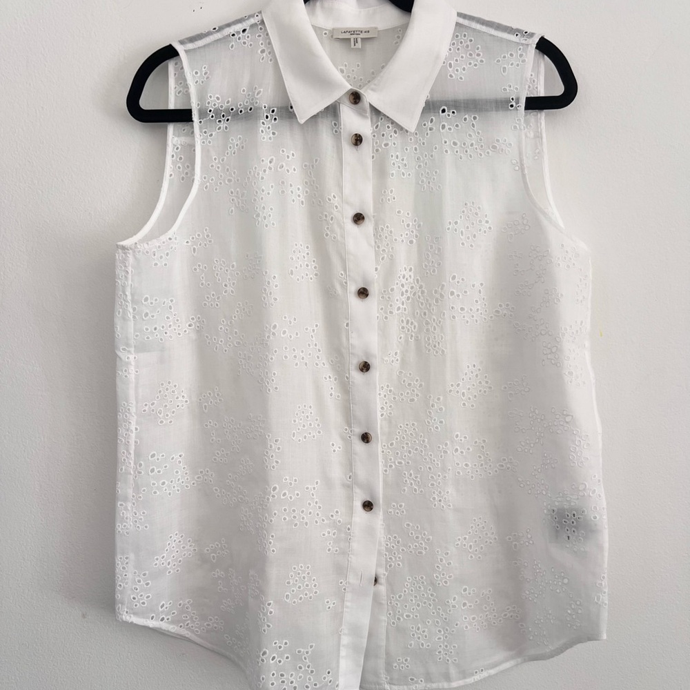 Lafayette 148 Gemma Semi-Sheer Ramie Buttondown Shirt Eyelet - MEDIUM
